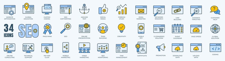 Set of editable stroke icons of SEO - Search Engine Optimization. Flat design concept icons collection. . Simple vector illustration of development, optimization, analysis, and analytic.
