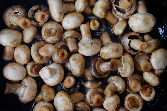 texture of mushrooms fried in sunflower oil close up
