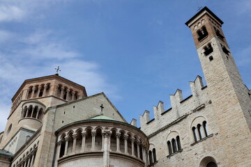 Fototapeta na wymiar Closeup of the San Vigilio Cathedral or Duomo di Trento in Romanesque and Gothic style, Trento, Italy.