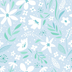 Cute white flowers on a blue background. Seamless pattern. Vector floral illustration.