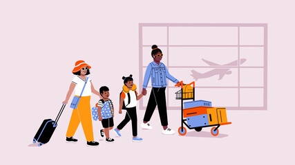 Family airport traveling smiling. 2 moms and children flying with luggage. Queer lesbian mothers with biracial boy and girl at terminal with airplane in the background.