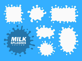Set of various isolated white milk splash and spot with drops good for packaging design on light blue background. Fresh natural dairy products blots, abstract white shapes.