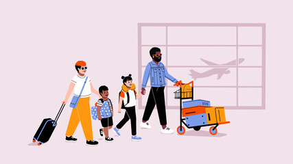 Family airport traveling smiling. Parents and children flying with luggage. Queer family man and non binary family with boy and girl at terminal with airplane in the backgroung.
