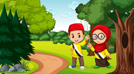 Brunei kids wears traditional clothes in the forest scene