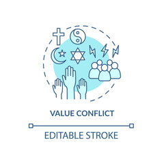 Value conflict blue concept icon. Disagreement about personal beliefs and religion. Conflict management abstract idea thin line illustration. Vector isolated outline color drawing. Editable stroke