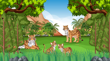 Tiger family in forest or rainforest scene with many trees