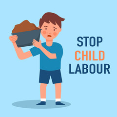 Stop child labor concept vector illustration. World day against child labour. Boy carrying heavy soil in flat design.