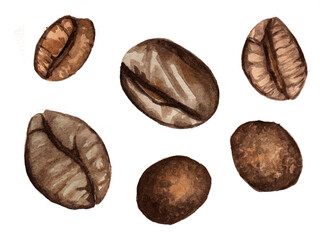 Watercolor coffee seeds clipart. Morning drink tasty and invigorating cappuccino. Brown objects, isolated on white background. Raster stock illustration in realism.