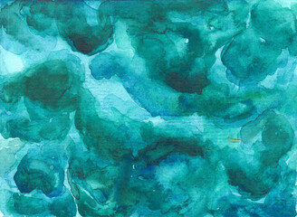 Watercolor ocean depth in turquoise and blue colors. Sea waves in abstract style. Can be used for wallpaper, website background or wrapping. Raster stock illustration.