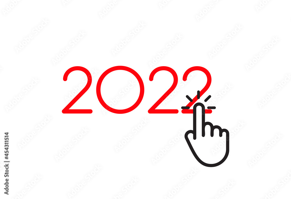 Poster Happy 2022 new year mouse click on button for greetings and invitations, 2022 calendar, web interface, christmas congratulations graphic. Vector illustration