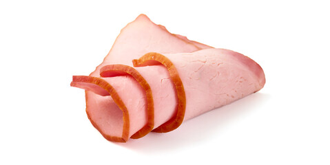 Sliced smoked pork loin, isolated on white background.