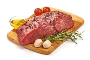 Fresh beef meat with spices, isolated on white background.