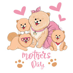 Naklejka na ściany i meble Beautiful spitz family mom and children and lettering mothers day. Vector illustration cartoon animals postcard