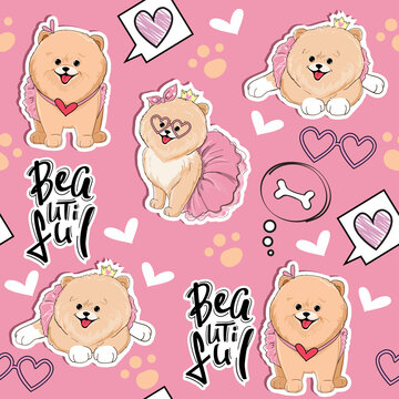 Beautiful stickers little spitz dogs girl and the inscription beautiful seamless pattern. Vector cartoon illustration for kids t-shirt design