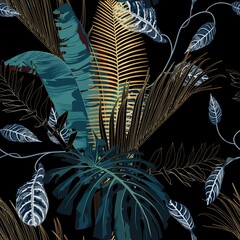 Fototapety  Tropical night vintage palm, banana, plant, golden leaves, floral seamless border black background. Exotic dark jungle wallpaper.
