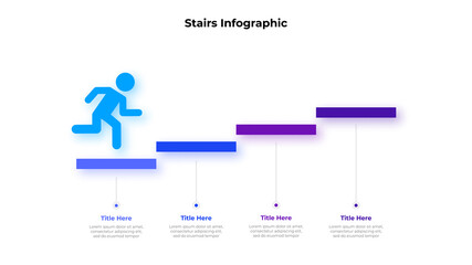 Infographic illustration with a man climbing the stairs. Progress diagram with 4 elements. Concept of four levels of professional growth or hierarchy