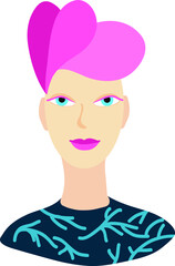 Portrait of a young girl in unisex style. A girl with blue eyes and a bright pink hairstyle. Positive young beautiful bright girl. Flat illustration. Avatar.