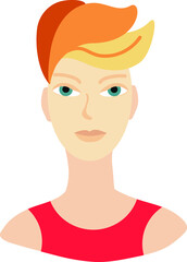 Red-haired bright young girl in a red T-shirt. Hipster portrait with short red hair, trendy hairstyle. Portrait of a teenager girl.