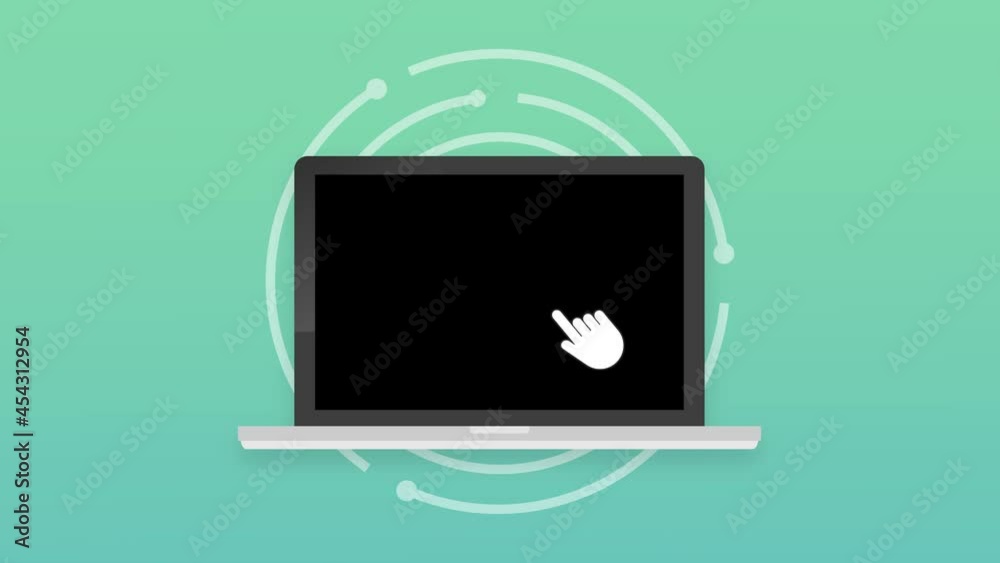 Poster laptop with cursor. computer or search click arrow for website. motion graphics