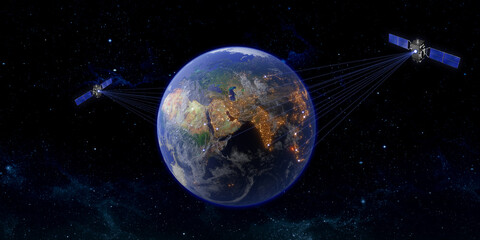communication satellite worldwide satellite transmission 3D illustration