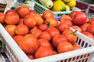Red tomatoes and zucchini on the counter of the local market.