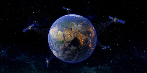 communication satellite worldwide satellite transmission 3D illustration