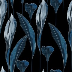 Exotic blue bright leaves seamless pattern on black background.