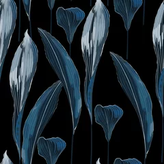 Papier peint Bleu foncé Modèle sans couture de feuilles brillantes bleu exotique sur fond noir.