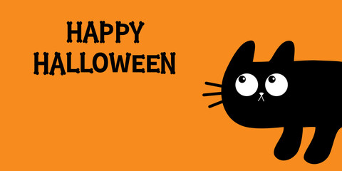 Cat peeking around the corner. Cute kawaii cartoon baby pet. Happy Halloween. Bones text font. Bone letter type. Black kitten head face looking up. Greeting card print. Flat design. Orange background.