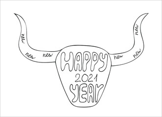Hand drawn bull with text «Happy 2021 year» is for postcard, icon, logo or badge. Vector EPS10