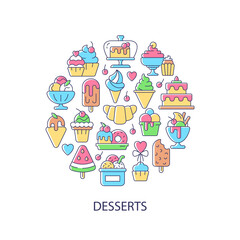 Desserts abstract color concept layout with headline. Sweets collection creative idea. Cafeteria buffet. Patisserie products. Cafe menu. Isolated vector filled contour icons for web background