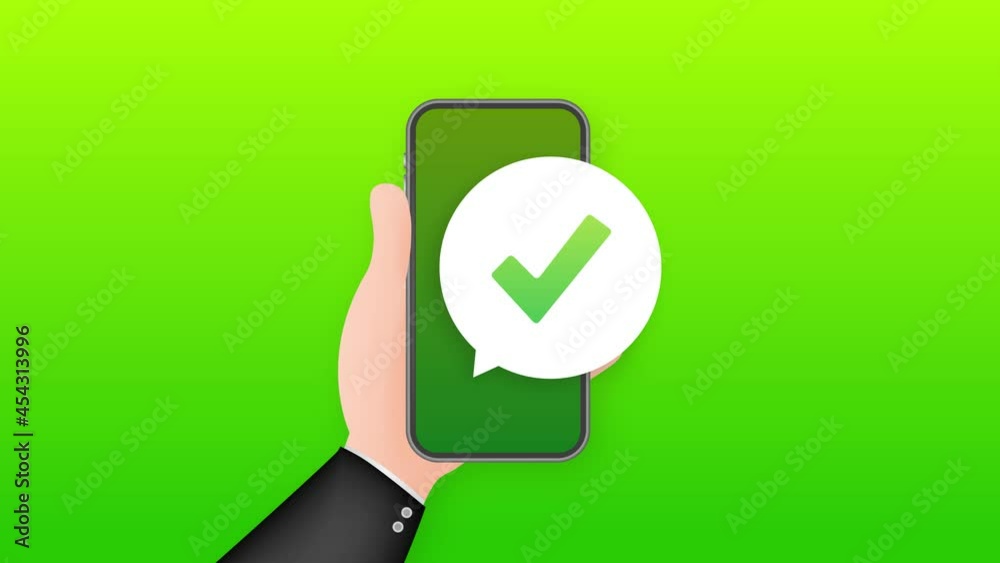 Poster smartphone with checkmark or tick notification in bubble. approved choice. accept or approve checkma