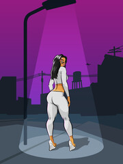 Girl at night in light a street lamp banner. Painted sexy girl brochure. Comic lady poster template, Dancing beautiful Cartoon woman flyer.