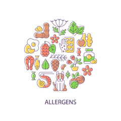 Allergens abstract color concept layout with headline. Allergy reaction reasons creative idea. Pharmaceutical drugs for rush sources. Isolated vector filled contour icons for web background