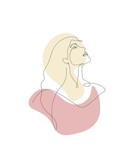  One line illustration of a girl looking up. One line color art