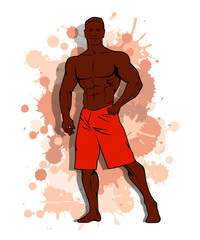 Muscle man silhouette graffiti icon on blot wall background, lifting weights fitness gym icon on spot banner, bodybuilder logo on spot background, men's bare torso