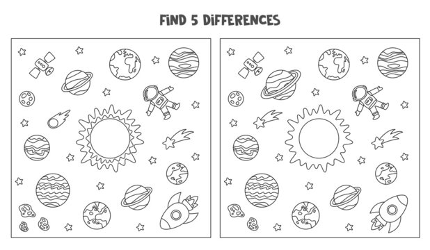 Find 5 differences between two pictures of black and white space.