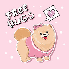 Cute sticker spitz dog girl and lettering free hugs on a pink background. Vector cartoon illustration. Birthday card