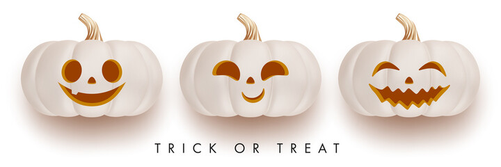 Happy Halloween greeting card or party invitation template with 3d pumpkins. Vector illustration