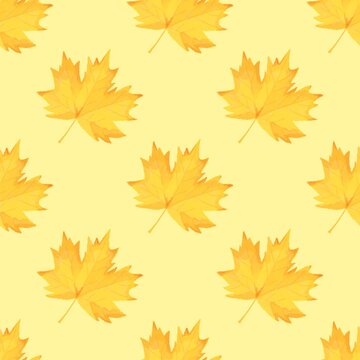 Seamless Maple Leaves Pattern on Yellow Background: Symbol of Autumn and Canada