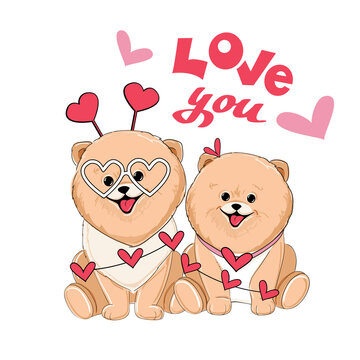 Two beautiful Spitz puppies and decorations from hearts and the inscription I love you. Vector illustration of cartoon doodle animals. Mothers day greeting card