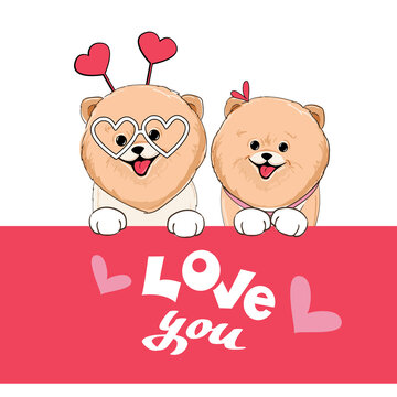 Two beautiful Spitz puppies and the inscription I love you. Vector illustration of cartoon doodle animals. Mothers day greeting card