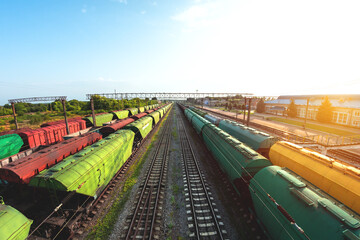 Freight trains - Cargo transportation. Grain transportation. Junction station from above © Taras Rudenko