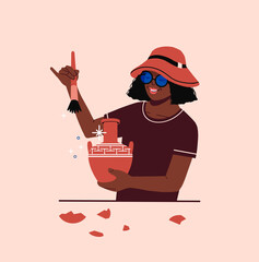  Archeologist dusting ancient vase. Smiling professional woman with antique archeological finding from field digging. 