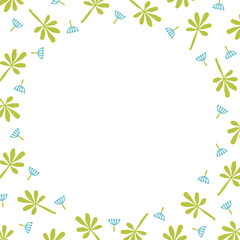A round frame made of flowers and leaves. Cute children's illustration.