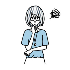 立って手をあごにあてて困っている教師の女性