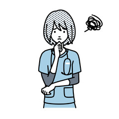 立って手をあごにあてて困っている看護師の女性