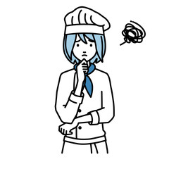 立って手をあごにあてて困っている調理師の女性