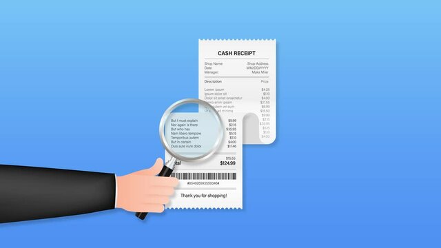 Receipt icon with magnifying glass. Studying paying bill. Payment of goods,service, utility, bank, restaurant. Motion graphics