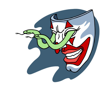 a smiling joker mask with snakes in the eye sockets, a mystical character, color vector illustration with black ink contour lines isolated on a white background in cartoon and hand drawn style